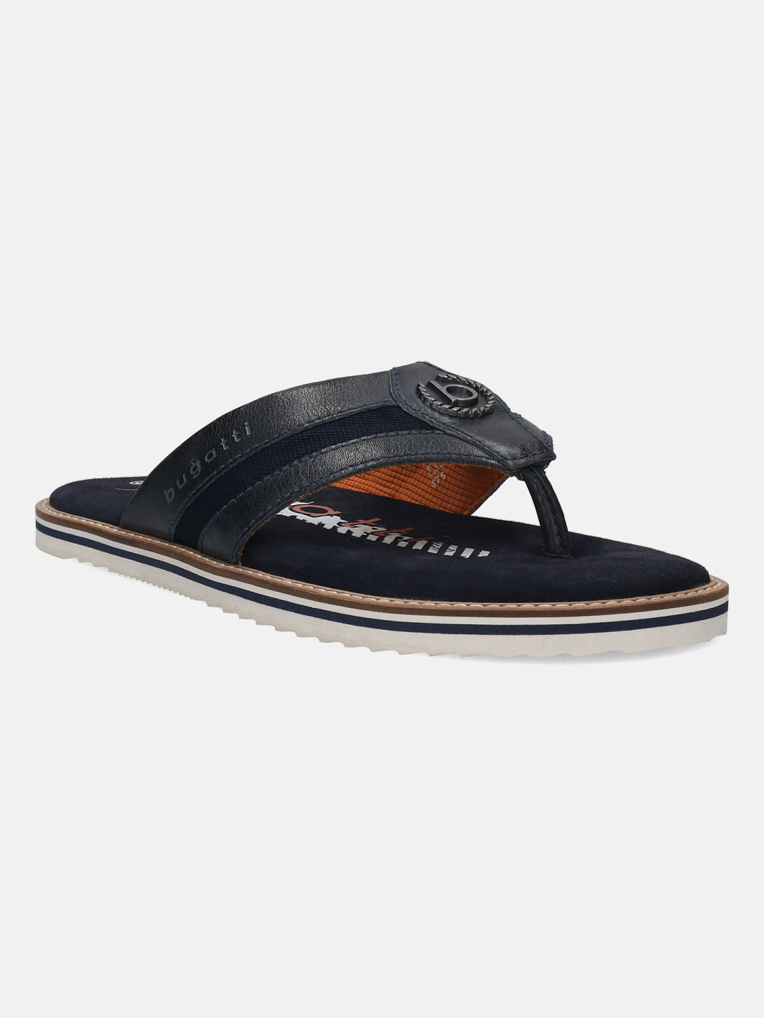 A blue Men's bugatti Thongs featuring a round open toe, zero heels heel, and a wide fit. Made from premium genuine leather with a durable eva outsole, this slip-on design offers both style and comfort.