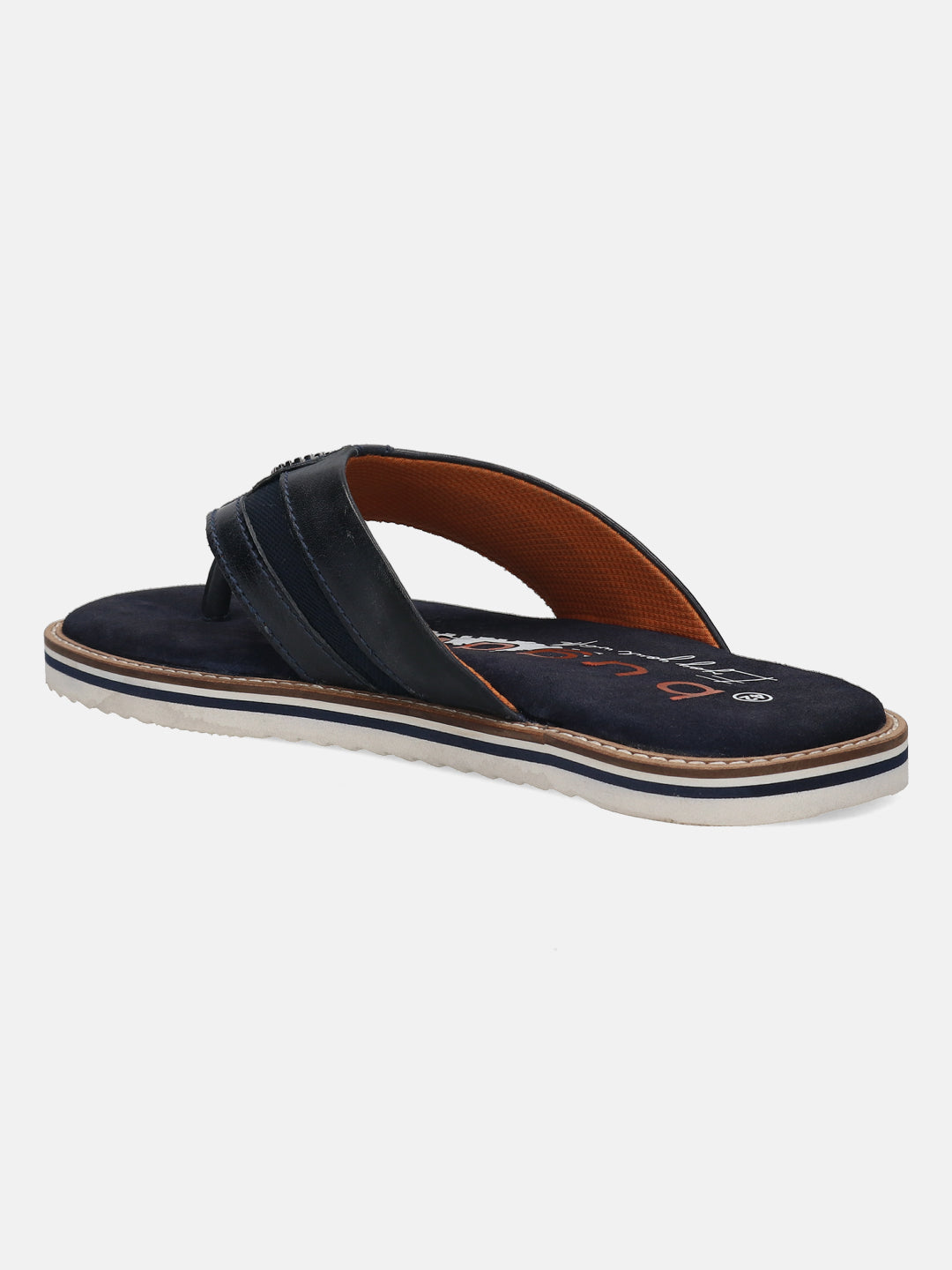 A blue Men's bugatti Thongs featuring a round open toe, zero heels heel, and a wide fit. Made from premium genuine leather with a durable eva outsole, this slip-on design offers both style and comfort.
