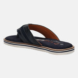 A blue Men's bugatti Thongs featuring a round open toe, zero heels heel, and a wide fit. Made from premium genuine leather with a durable eva outsole, this slip-on design offers both style and comfort.