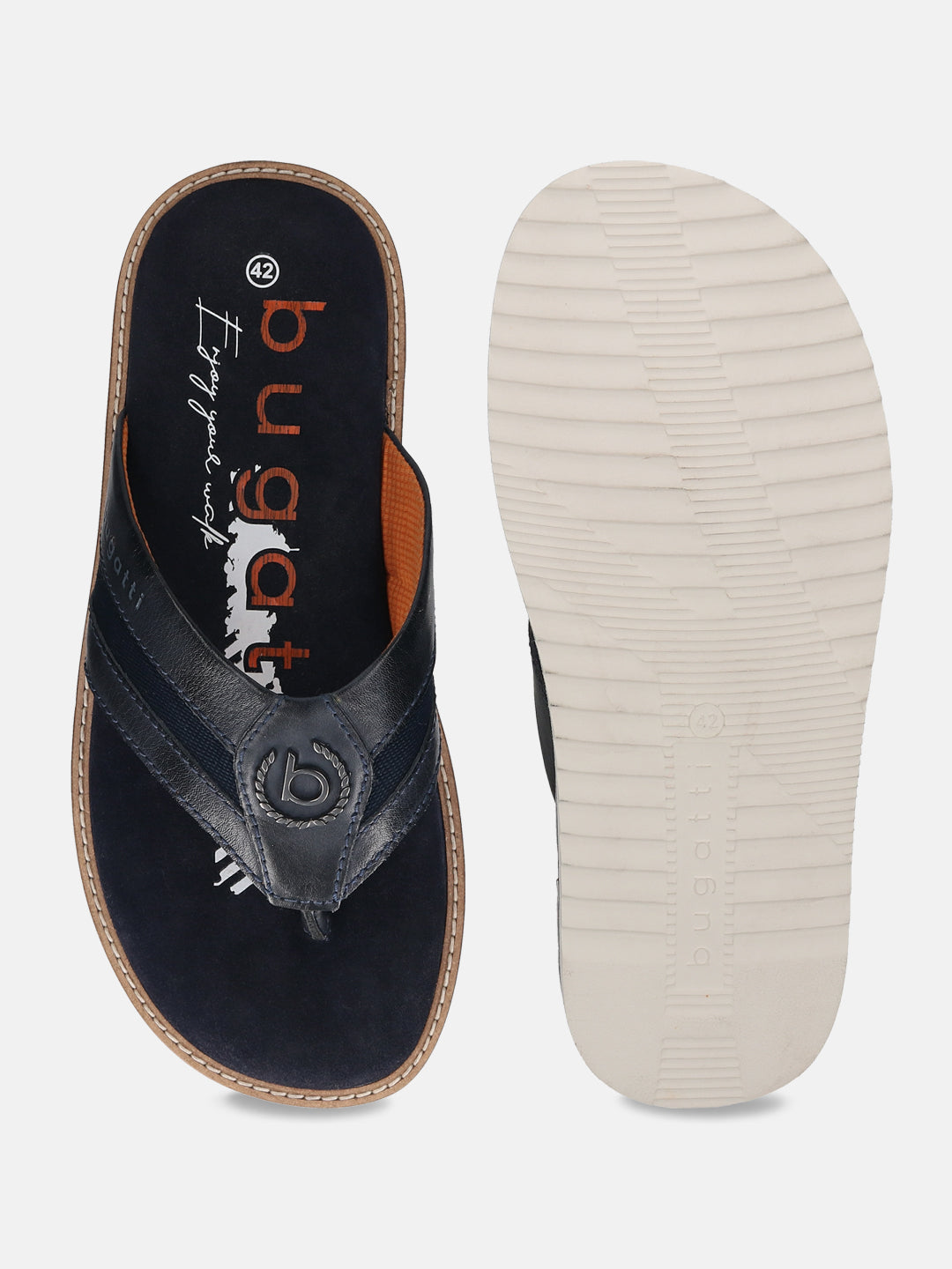 A blue Men's bugatti Thongs featuring a round open toe, zero heels heel, and a wide fit. Made from premium genuine leather with a durable eva outsole, this slip-on design offers both style and comfort.