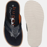 A blue Men's bugatti Thongs featuring a round open toe, zero heels heel, and a wide fit. Made from premium genuine leather with a durable eva outsole, this slip-on design offers both style and comfort.