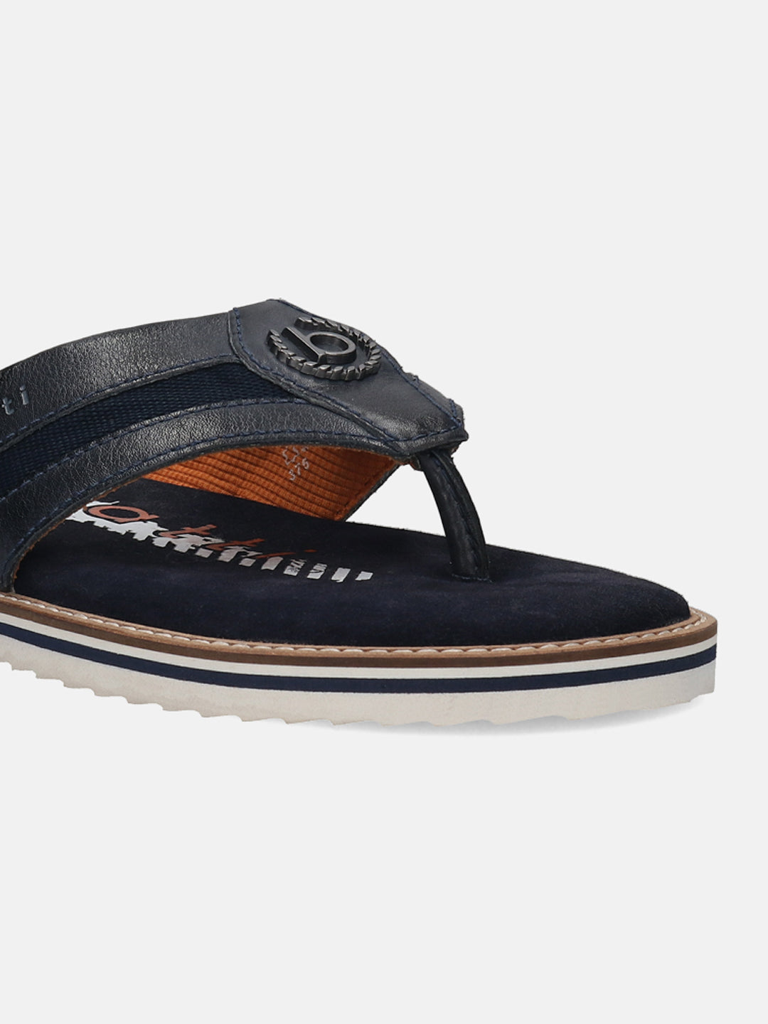 A blue Men's bugatti Thongs featuring a round open toe, zero heels heel, and a wide fit. Made from premium genuine leather with a durable eva outsole, this slip-on design offers both style and comfort.