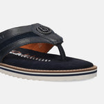 A blue Men's bugatti Thongs featuring a round open toe, zero heels heel, and a wide fit. Made from premium genuine leather with a durable eva outsole, this slip-on design offers both style and comfort.
