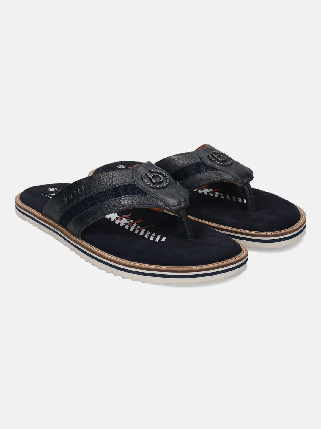 A blue Men's bugatti Thongs featuring a round open toe, zero heels heel, and a wide fit. Made from premium genuine leather with a durable eva outsole, this slip-on design offers both style and comfort.