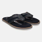 A blue Men's bugatti Thongs featuring a round open toe, zero heels heel, and a wide fit. Made from premium genuine leather with a durable eva outsole, this slip-on design offers both style and comfort.