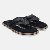 A blue Men's bugatti Thongs featuring a round open toe, zero heels heel, and a wide fit. Made from premium genuine leather with a durable eva outsole, this slip-on design offers both style and comfort.