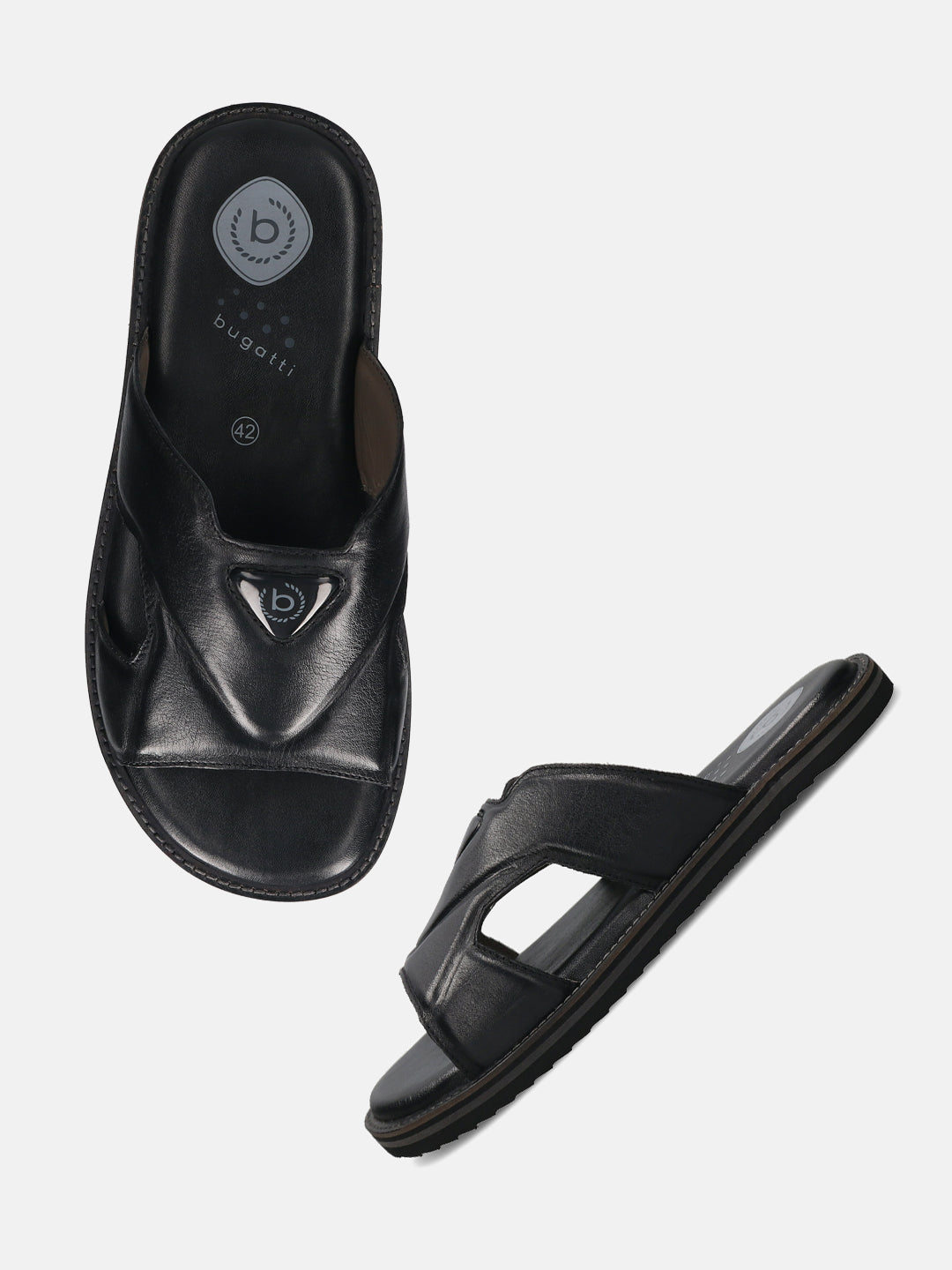 A black Men's bugatti Mules featuring a round toe plain toe, zero heels heel, and a wide fit. Made from premium genuine leather with a durable eva outsole, this slip-on design offers both style and comfort.