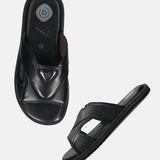 A black Men's bugatti Mules featuring a round toe plain toe, zero heels heel, and a wide fit. Made from premium genuine leather with a durable eva outsole, this slip-on design offers both style and comfort.