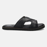 A black Men's bugatti Mules featuring a round toe plain toe, zero heels heel, and a wide fit. Made from premium genuine leather with a durable eva outsole, this slip-on design offers both style and comfort.