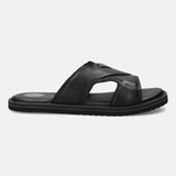 A black Men's bugatti Mules featuring a round toe plain toe, zero heels heel, and a wide fit. Made from premium genuine leather with a durable eva outsole, this slip-on design offers both style and comfort.