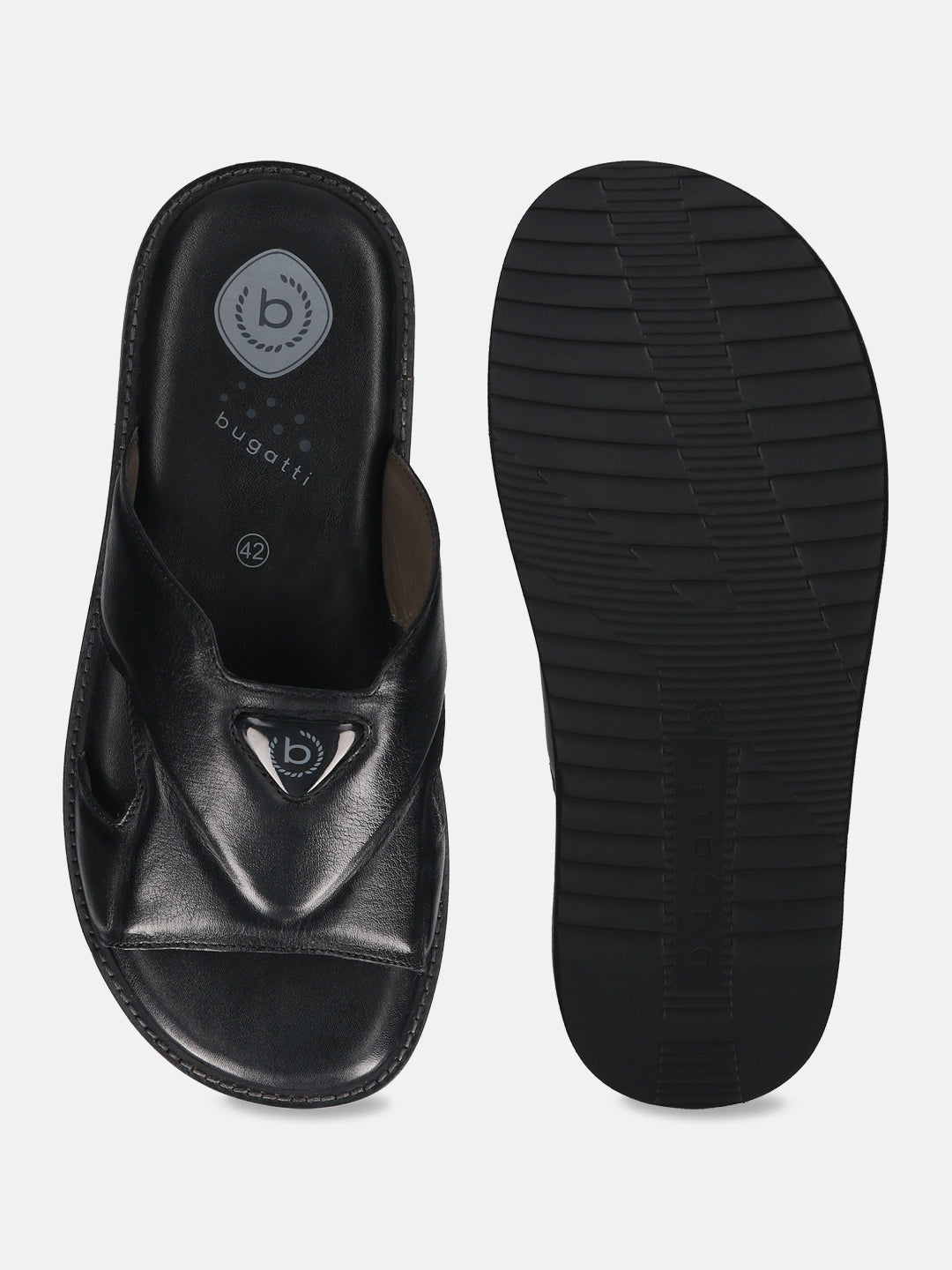 A black Men's bugatti Mules featuring a round toe plain toe, zero heels heel, and a wide fit. Made from premium genuine leather with a durable eva outsole, this slip-on design offers both style and comfort.