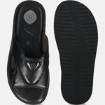 A black Men's bugatti Mules featuring a round toe plain toe, zero heels heel, and a wide fit. Made from premium genuine leather with a durable eva outsole, this slip-on design offers both style and comfort.