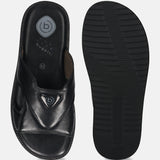 A black Men's bugatti Mules featuring a round toe plain toe, zero heels heel, and a wide fit. Made from premium genuine leather with a durable eva outsole, this slip-on design offers both style and comfort.