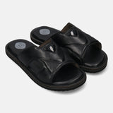 A black Men's bugatti Mules featuring a round toe plain toe, zero heels heel, and a wide fit. Made from premium genuine leather with a durable eva outsole, this slip-on design offers both style and comfort.