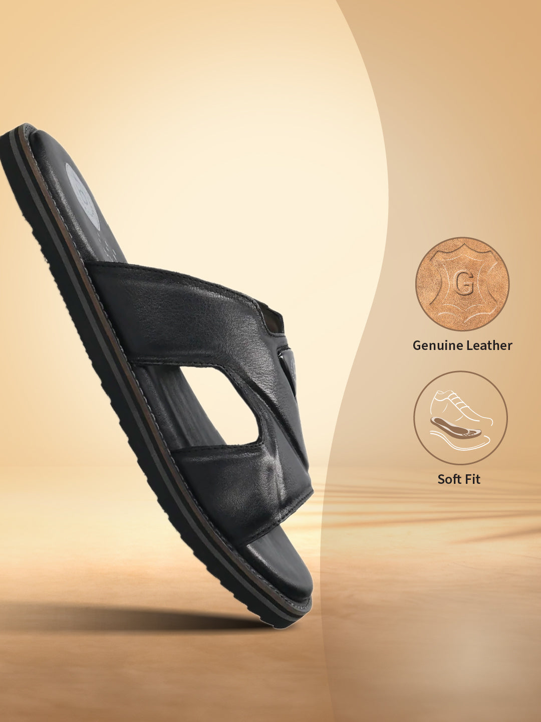 A black Men's bugatti Mules featuring a round toe plain toe, zero heels heel, and a wide fit. Made from premium genuine leather with a durable eva outsole, this slip-on design offers both style and comfort.