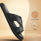 A black Men's bugatti Mules featuring a round toe plain toe, zero heels heel, and a wide fit. Made from premium genuine leather with a durable eva outsole, this slip-on design offers both style and comfort.