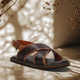 A brown Men's bugatti Back Strap Sandals featuring a open toe plain toe, zero heels heel, and a wide fit. Made from premium genuine leather with a durable eva outsole, this buckle design offers both style and comfort.