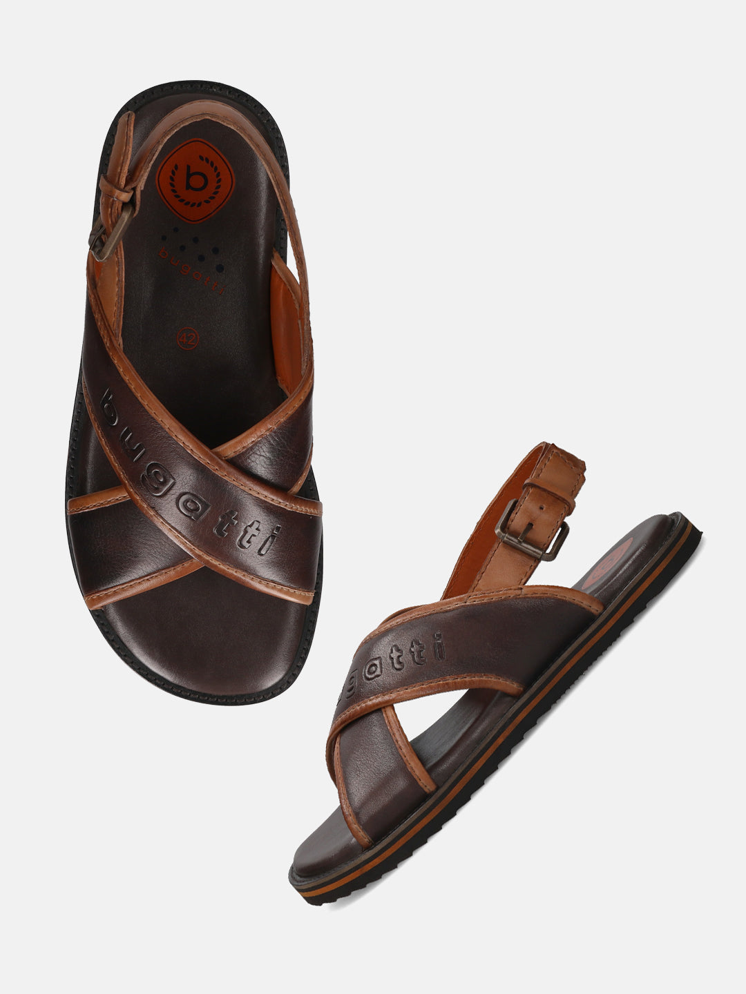 A brown Men's bugatti Back Strap Sandals featuring a open toe plain toe, zero heels heel, and a wide fit. Made from premium genuine leather with a durable eva outsole, this buckle design offers both style and comfort.