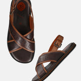 A brown Men's bugatti Back Strap Sandals featuring a open toe plain toe, zero heels heel, and a wide fit. Made from premium genuine leather with a durable eva outsole, this buckle design offers both style and comfort.