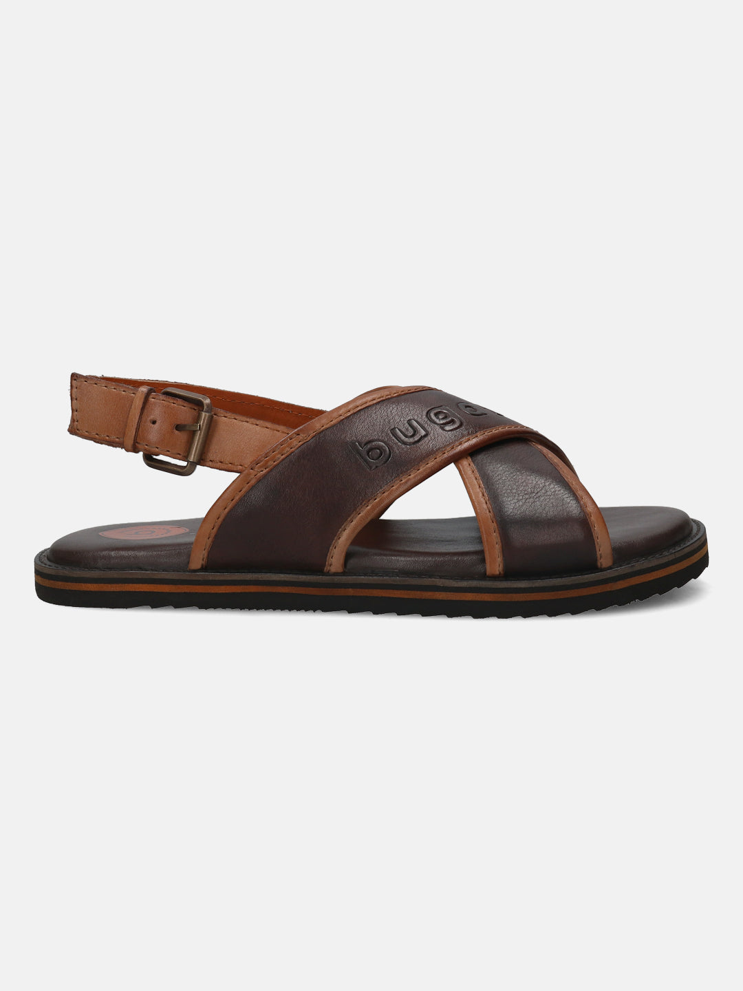 A brown Men's bugatti Back Strap Sandals featuring a open toe plain toe, zero heels heel, and a wide fit. Made from premium genuine leather with a durable eva outsole, this buckle design offers both style and comfort.