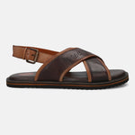A brown Men's bugatti Back Strap Sandals featuring a open toe plain toe, zero heels heel, and a wide fit. Made from premium genuine leather with a durable eva outsole, this buckle design offers both style and comfort.