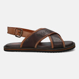 A brown Men's bugatti Back Strap Sandals featuring a open toe plain toe, zero heels heel, and a wide fit. Made from premium genuine leather with a durable eva outsole, this buckle design offers both style and comfort.