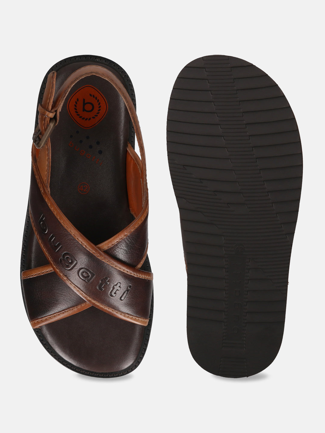 A brown Men's bugatti Back Strap Sandals featuring a open toe plain toe, zero heels heel, and a wide fit. Made from premium genuine leather with a durable eva outsole, this buckle design offers both style and comfort.