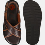A brown Men's bugatti Back Strap Sandals featuring a open toe plain toe, zero heels heel, and a wide fit. Made from premium genuine leather with a durable eva outsole, this buckle design offers both style and comfort.