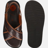 A brown Men's bugatti Back Strap Sandals featuring a open toe plain toe, zero heels heel, and a wide fit. Made from premium genuine leather with a durable eva outsole, this buckle design offers both style and comfort.