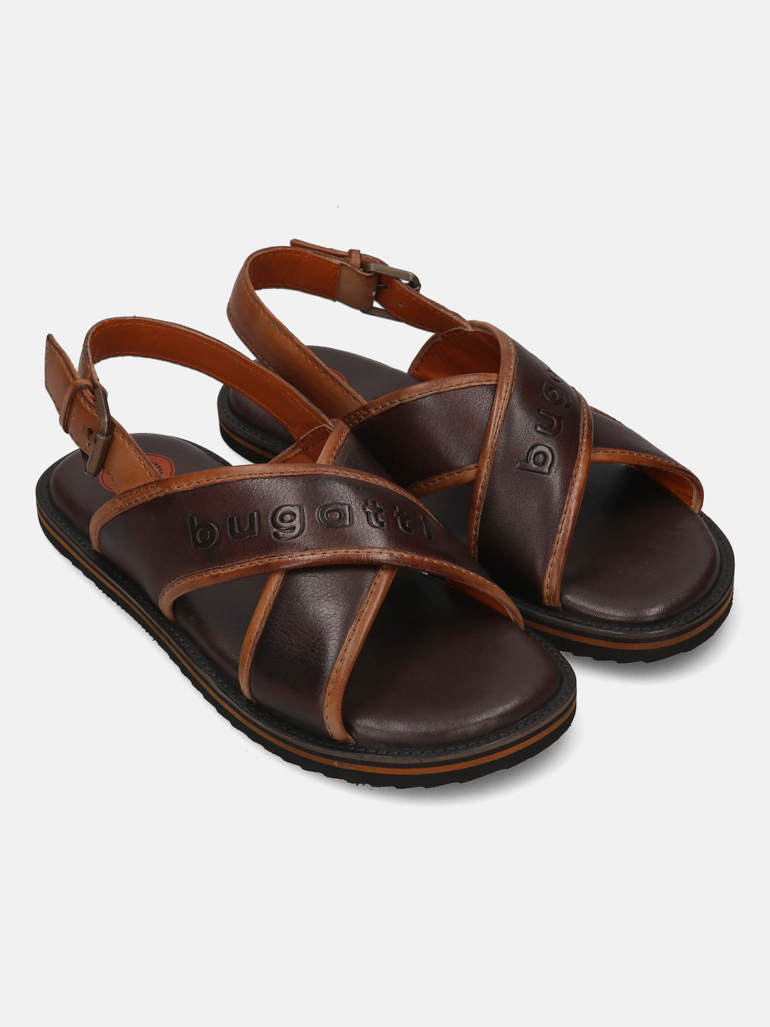 A brown Men's bugatti Back Strap Sandals featuring a open toe plain toe, zero heels heel, and a wide fit. Made from premium genuine leather with a durable eva outsole, this buckle design offers both style and comfort.