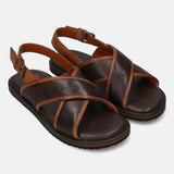 A brown Men's bugatti Back Strap Sandals featuring a open toe plain toe, zero heels heel, and a wide fit. Made from premium genuine leather with a durable eva outsole, this buckle design offers both style and comfort.