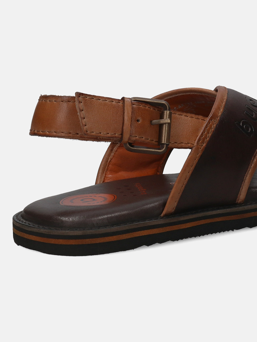A brown Men's bugatti Back Strap Sandals featuring a open toe plain toe, zero heels heel, and a wide fit. Made from premium genuine leather with a durable eva outsole, this buckle design offers both style and comfort.