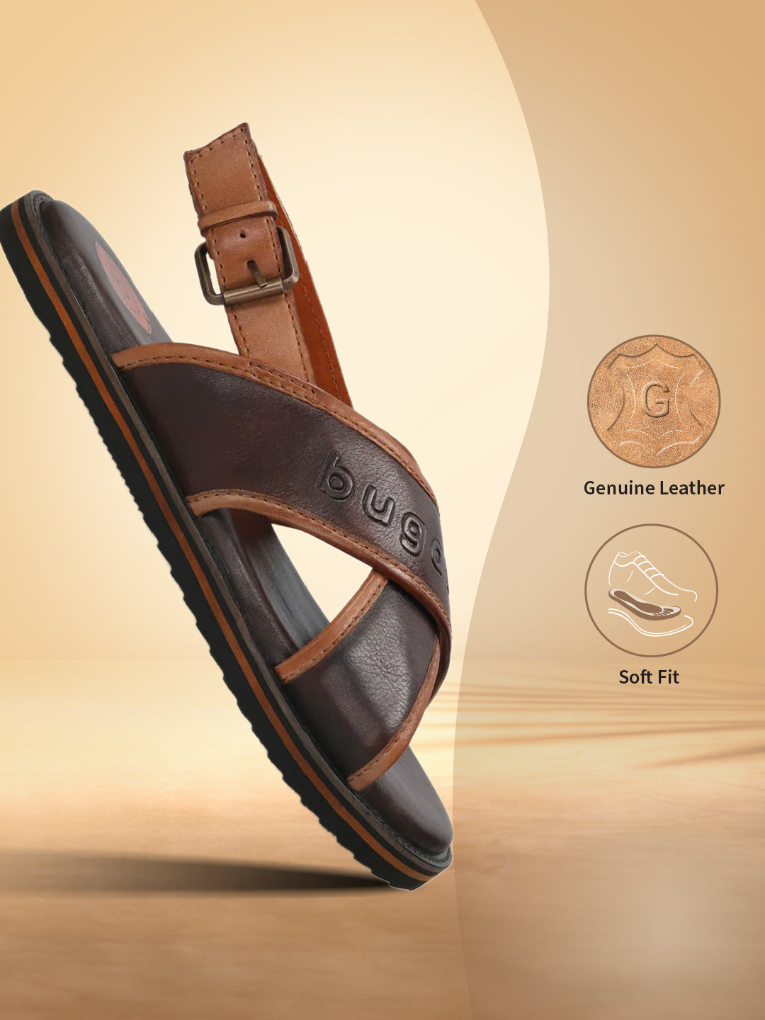 A brown Men's bugatti Back Strap Sandals featuring a open toe plain toe, zero heels heel, and a wide fit. Made from premium genuine leather with a durable eva outsole, this buckle design offers both style and comfort.