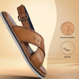 A cognac Men's bugatti Back Strap Sandals featuring a open toe plain toe, zero heels heel, and a wide fit. Made from premium genuine leather with a durable eva outsole, this buckle design offers both style and comfort.