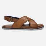 A cognac Men's bugatti Back Strap Sandals featuring a open toe plain toe, zero heels heel, and a wide fit. Made from premium genuine leather with a durable eva outsole, this buckle design offers both style and comfort.