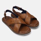 A cognac Men's bugatti Back Strap Sandals featuring a open toe plain toe, zero heels heel, and a wide fit. Made from premium genuine leather with a durable eva outsole, this buckle design offers both style and comfort.