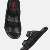 A black Men's bugatti Mules featuring a round toe plain toe, zero heels heel. Made from premium genuine leather with a durable eva outsole, this slip-on design offers both style and comfort.