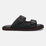 A black Men's bugatti Mules featuring a round toe plain toe, zero heels heel. Made from premium genuine leather with a durable eva outsole, this slip-on design offers both style and comfort.