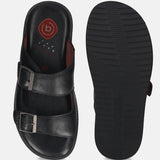A black Men's bugatti Mules featuring a round toe plain toe, zero heels heel. Made from premium genuine leather with a durable eva outsole, this slip-on design offers both style and comfort.