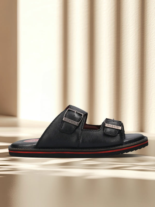 A black Men's bugatti Mules featuring a round toe plain toe, zero heels heel. Made from premium genuine leather with a durable eva outsole, this slip-on design offers both style and comfort.