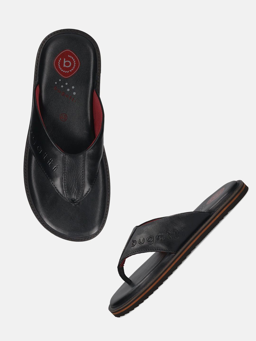 A black Men's bugatti Thongs featuring a open toe plain toe, zero heels heel, and a wide fit. Made from premium genuine leather with a durable eva outsole, this slip-on design offers both style and comfort.