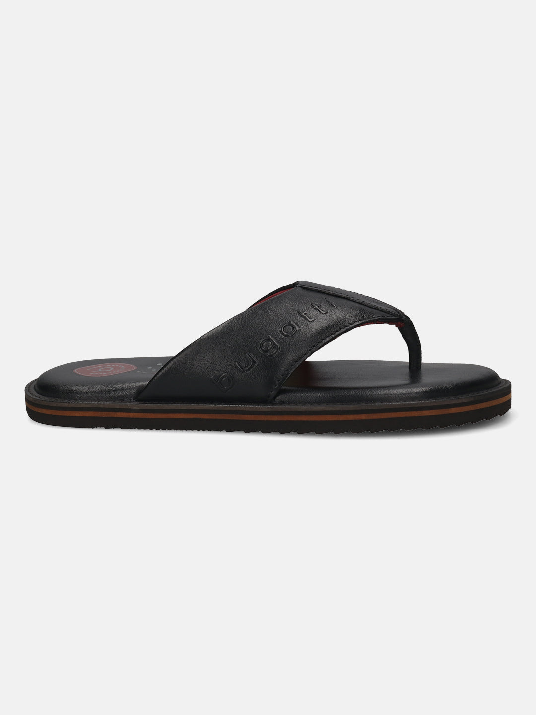 A black Men's bugatti Thongs featuring a open toe plain toe, zero heels heel, and a wide fit. Made from premium genuine leather with a durable eva outsole, this slip-on design offers both style and comfort.