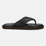 A black Men's bugatti Thongs featuring a open toe plain toe, zero heels heel, and a wide fit. Made from premium genuine leather with a durable eva outsole, this slip-on design offers both style and comfort.