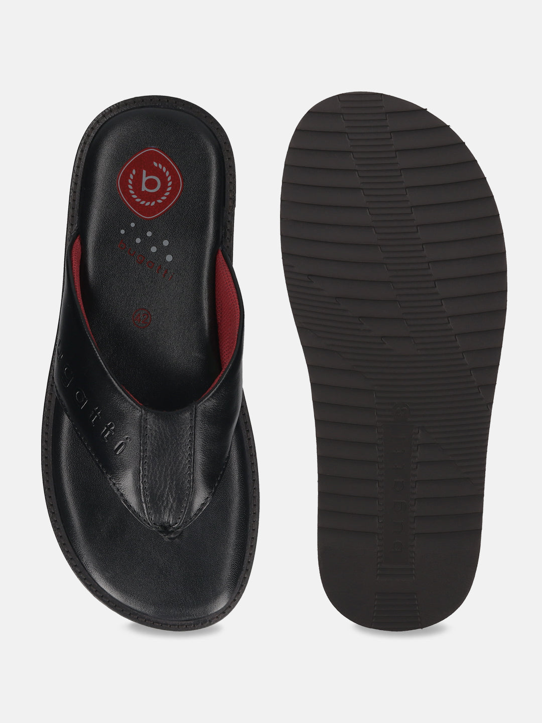 A black Men's bugatti Thongs featuring a open toe plain toe, zero heels heel, and a wide fit. Made from premium genuine leather with a durable eva outsole, this slip-on design offers both style and comfort.