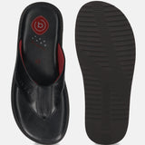 A black Men's bugatti Thongs featuring a open toe plain toe, zero heels heel, and a wide fit. Made from premium genuine leather with a durable eva outsole, this slip-on design offers both style and comfort.