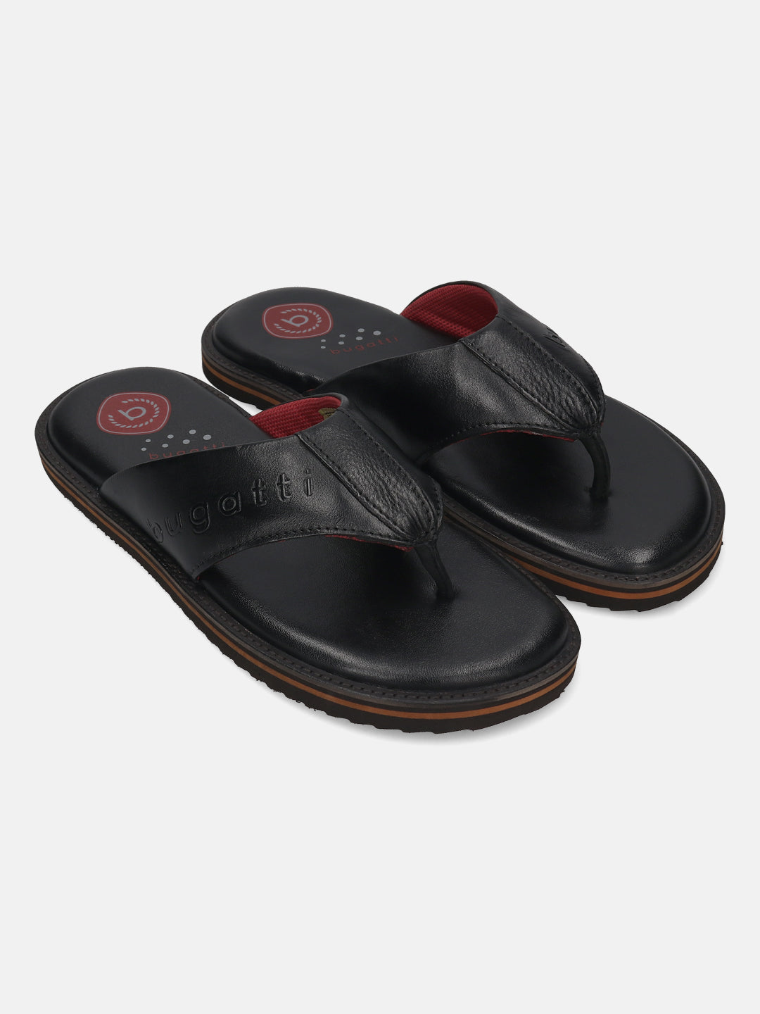 A black Men's bugatti Thongs featuring a open toe plain toe, zero heels heel, and a wide fit. Made from premium genuine leather with a durable eva outsole, this slip-on design offers both style and comfort.