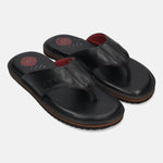 A black Men's bugatti Thongs featuring a open toe plain toe, zero heels heel, and a wide fit. Made from premium genuine leather with a durable eva outsole, this slip-on design offers both style and comfort.