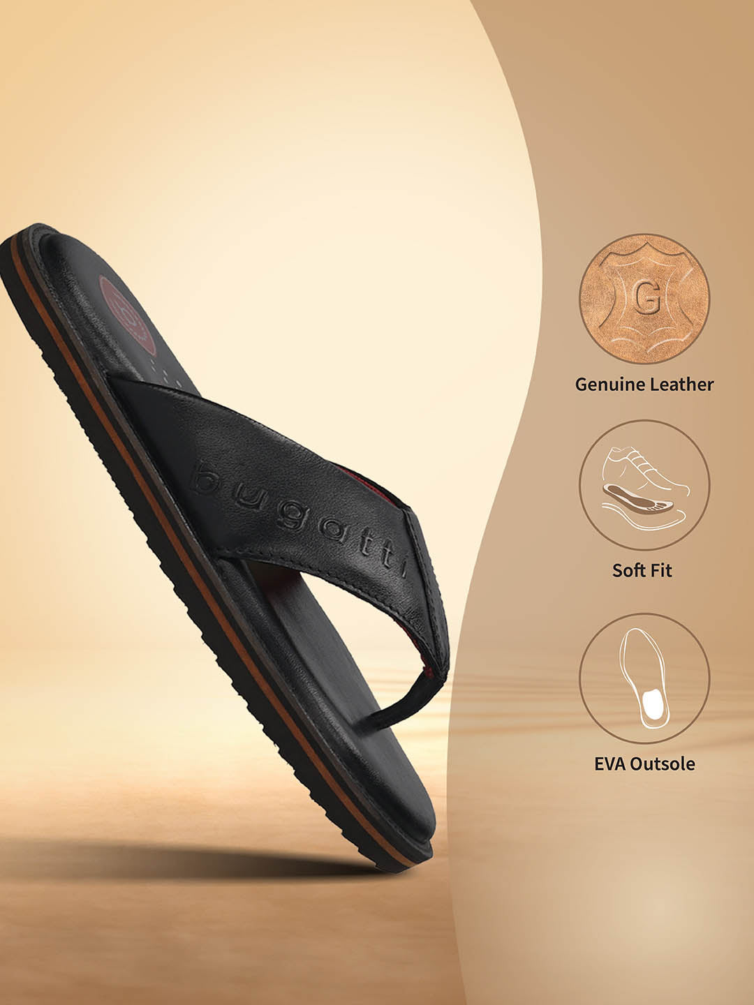 A black Men's bugatti Thongs featuring a open toe plain toe, zero heels heel, and a wide fit. Made from premium genuine leather with a durable eva outsole, this slip-on design offers both style and comfort.