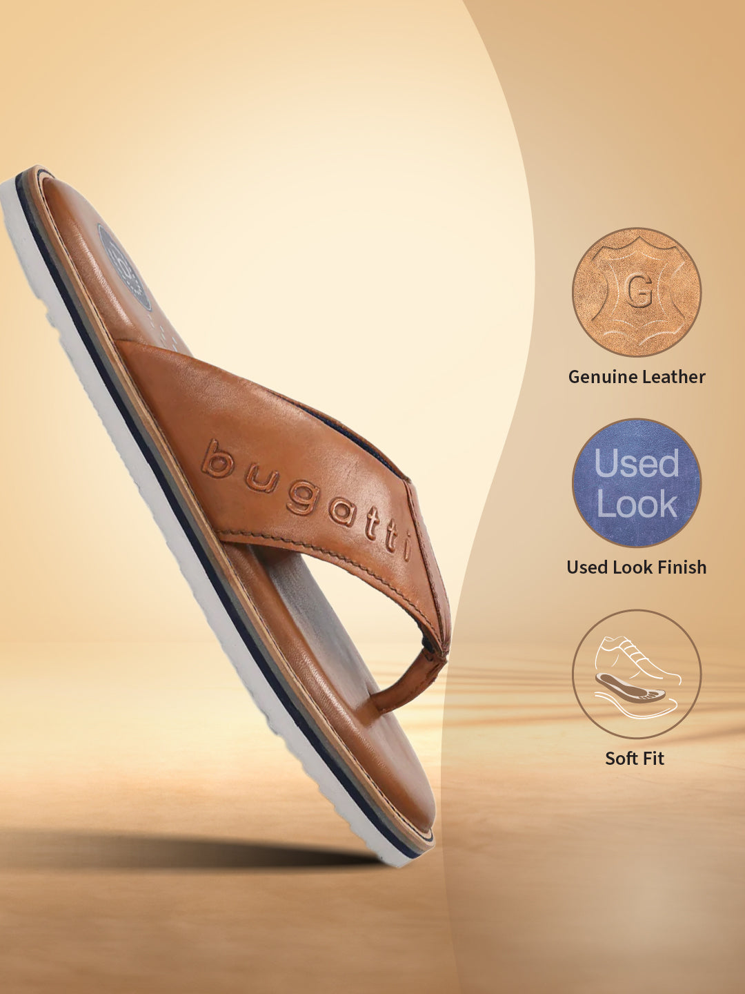 A cognac Men's bugatti Thongs featuring a open toe plain toe, zero heels heel, and a wide fit. Made from premium genuine leather with a durable eva outsole, this slip-on design offers both style and comfort.
