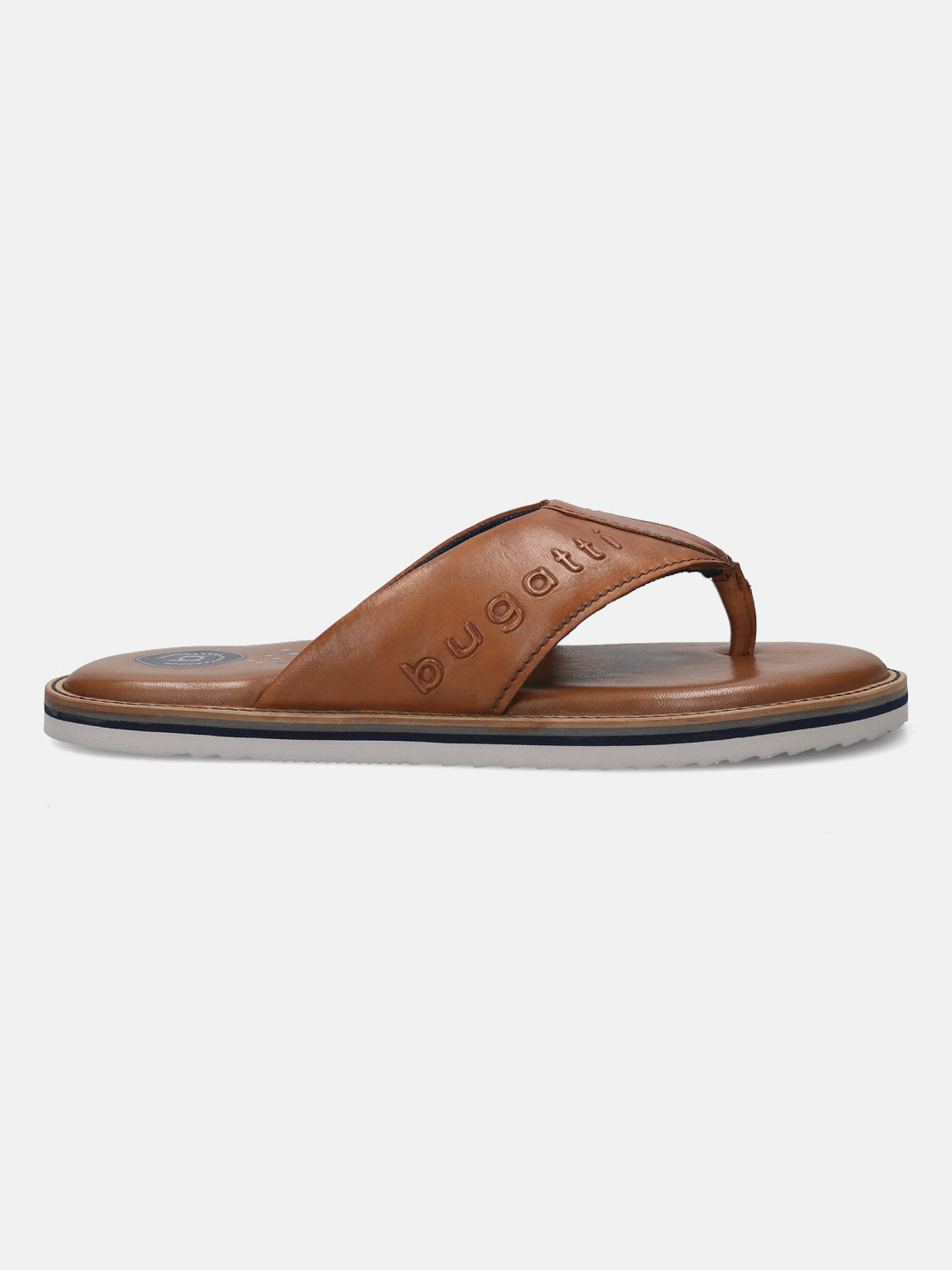 A cognac Men's bugatti Thongs featuring a open toe plain toe, zero heels heel, and a wide fit. Made from premium genuine leather with a durable eva outsole, this slip-on design offers both style and comfort.